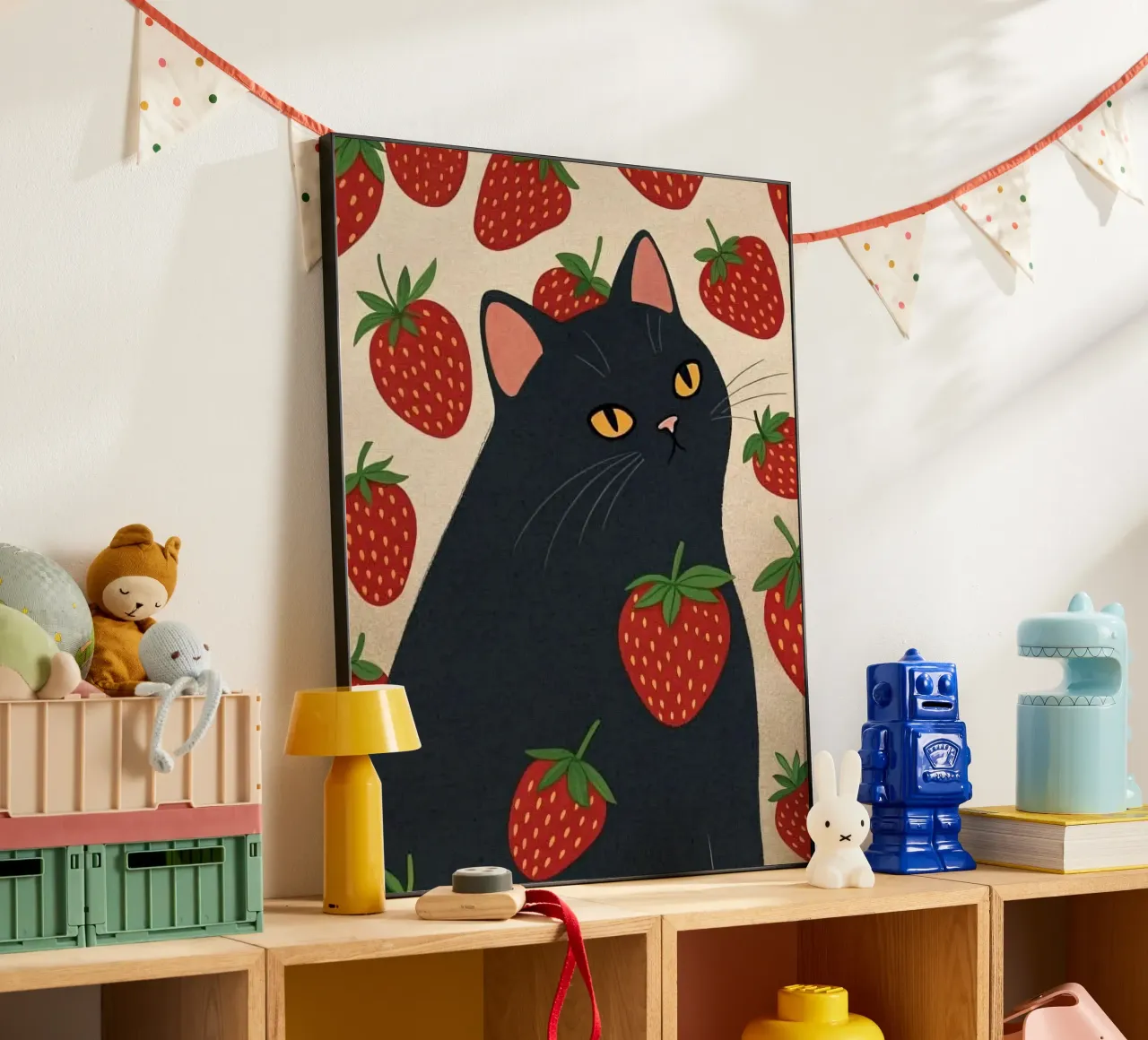 cat with strawberry shape alluminio dibond da comura
