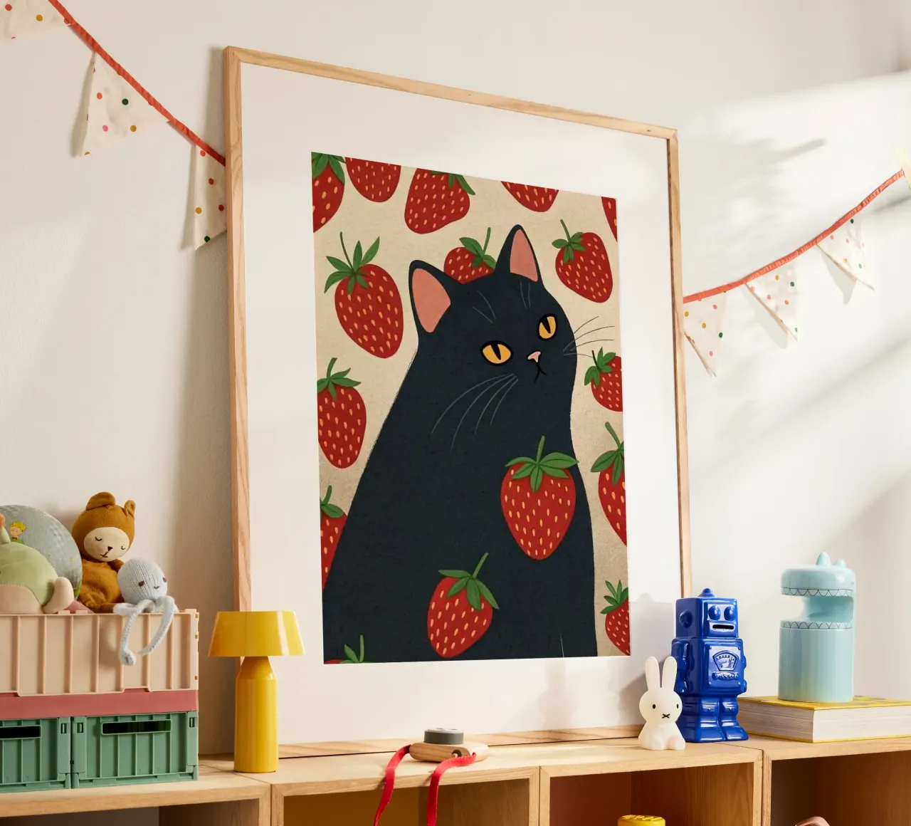 cat with strawberry shape poster con marco de plástico de comura