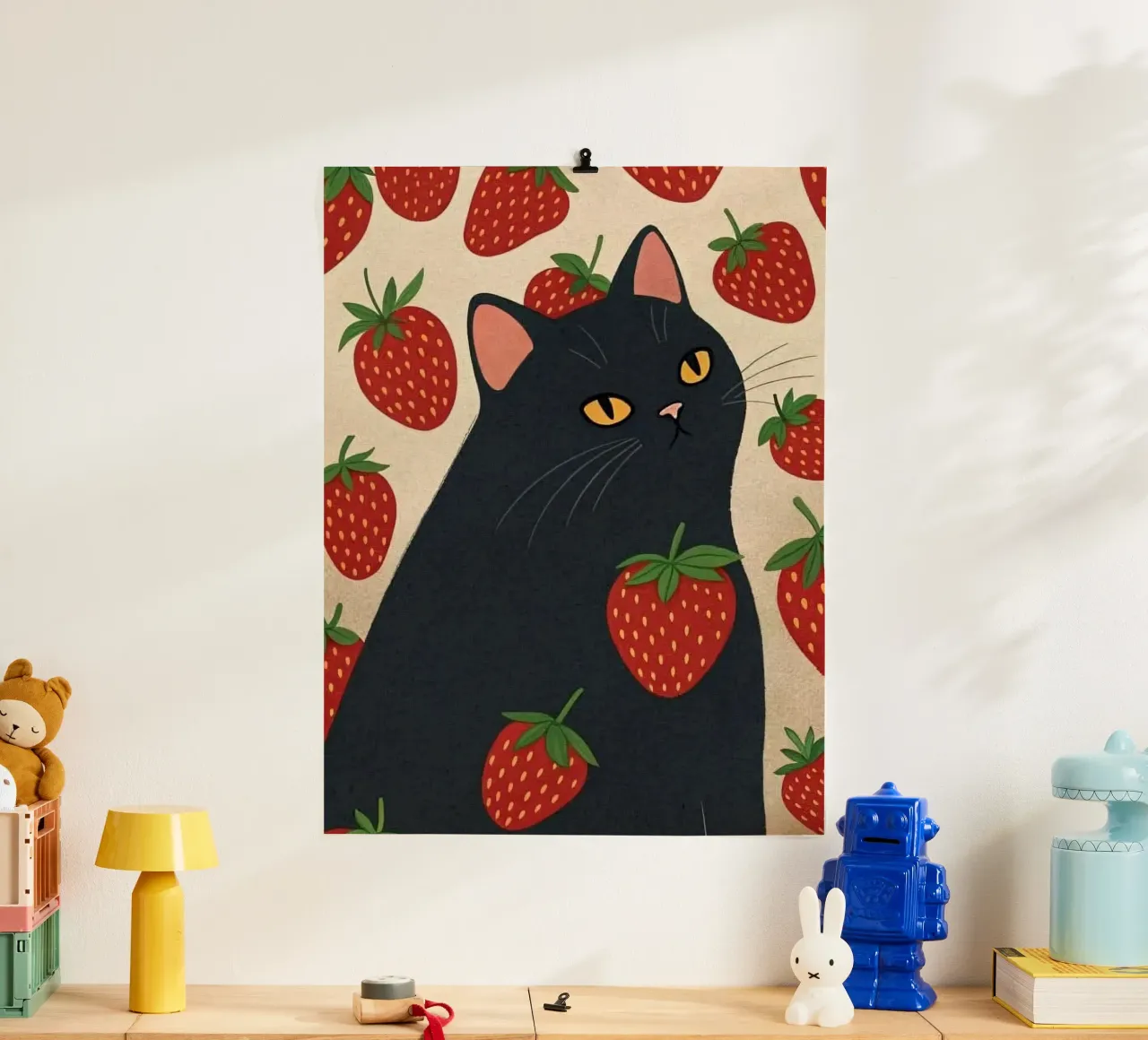 cat with strawberry shape poster con marco de plástico de comura