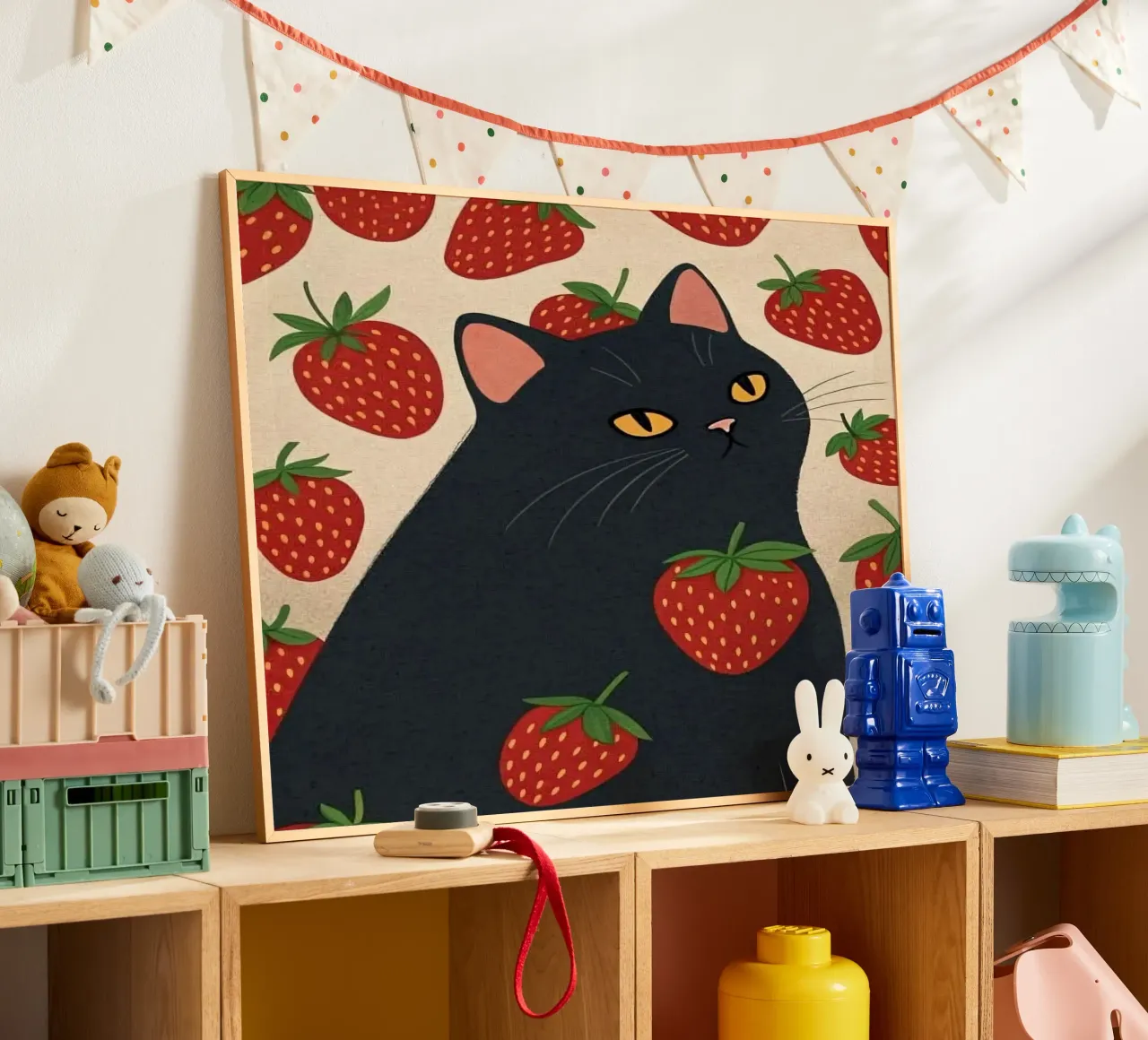 cat with strawberry shape poster con marco de plástico de comura