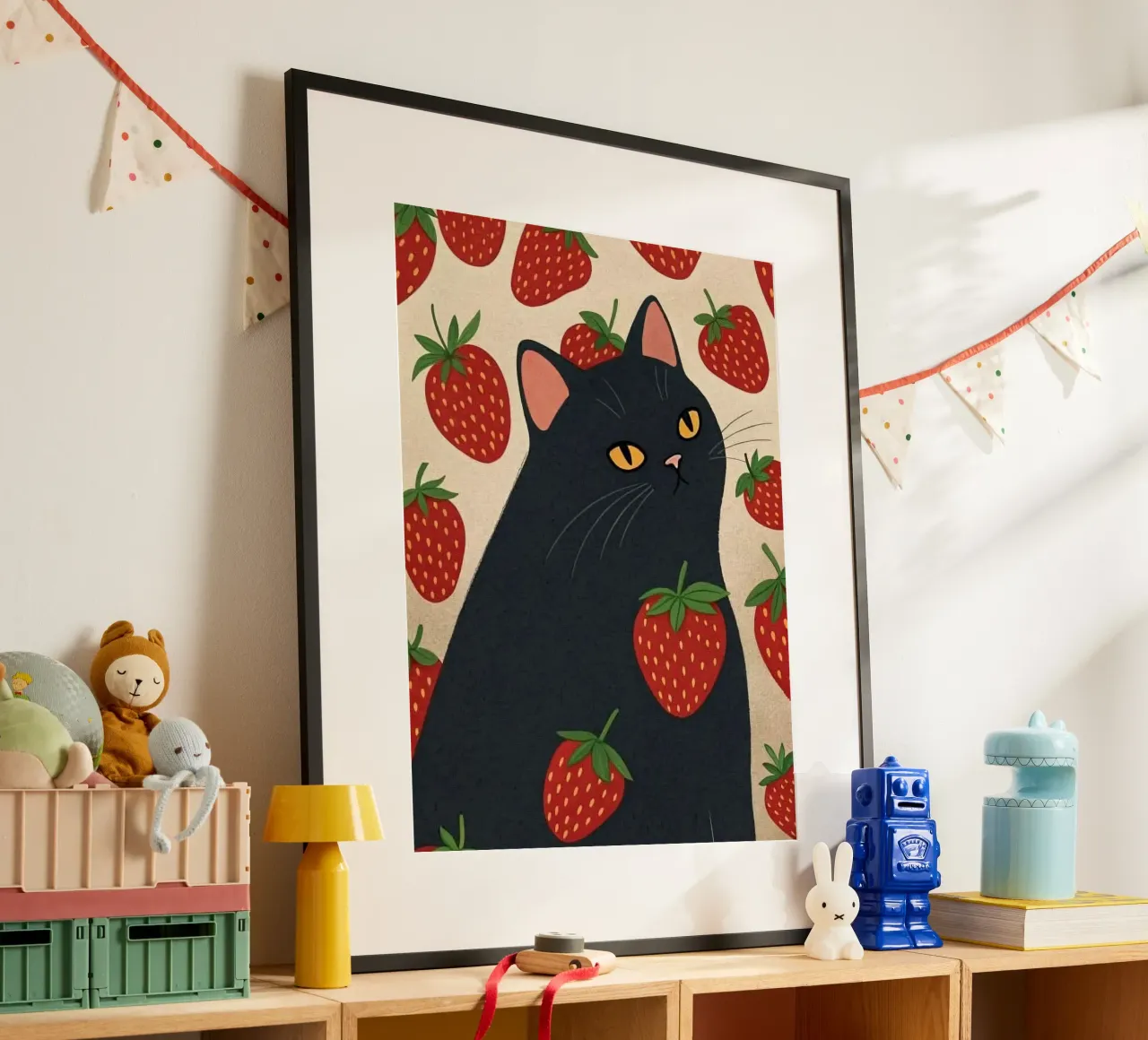 cat with strawberry shape poster con marco de plástico de comura