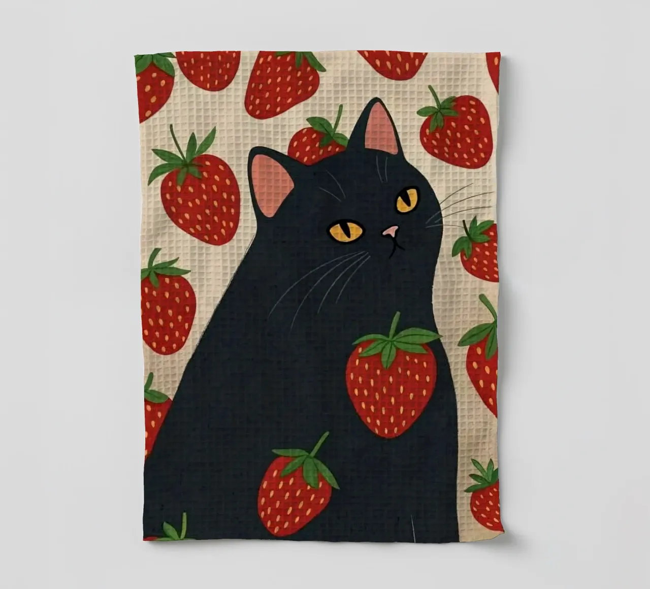 cat with strawberry shape canovaccio da cucina da comura