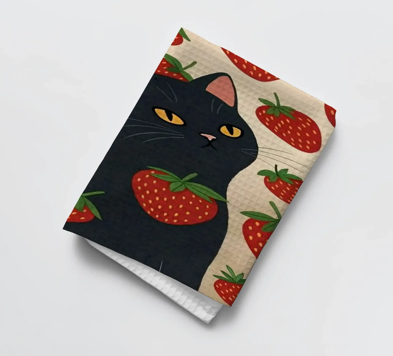 cat with strawberry shape canovaccio da cucina da comura