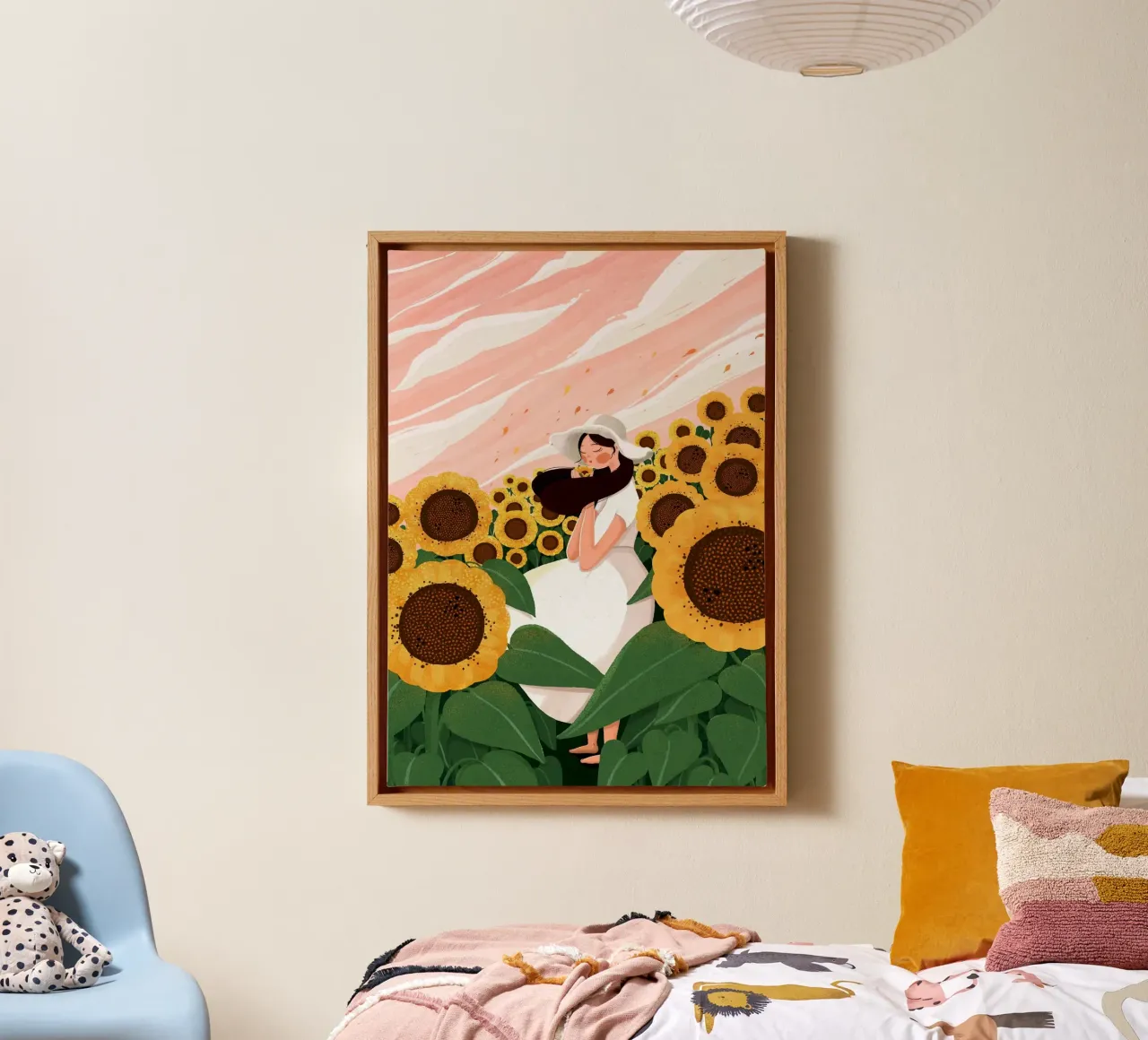 chill girl in sunflower forest canvas met Baklijst van comura