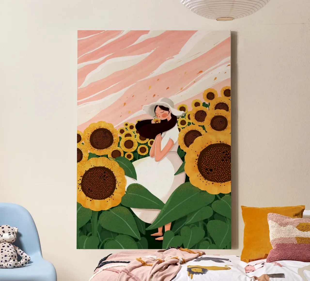 chill girl in sunflower forest canvas met Baklijst van comura