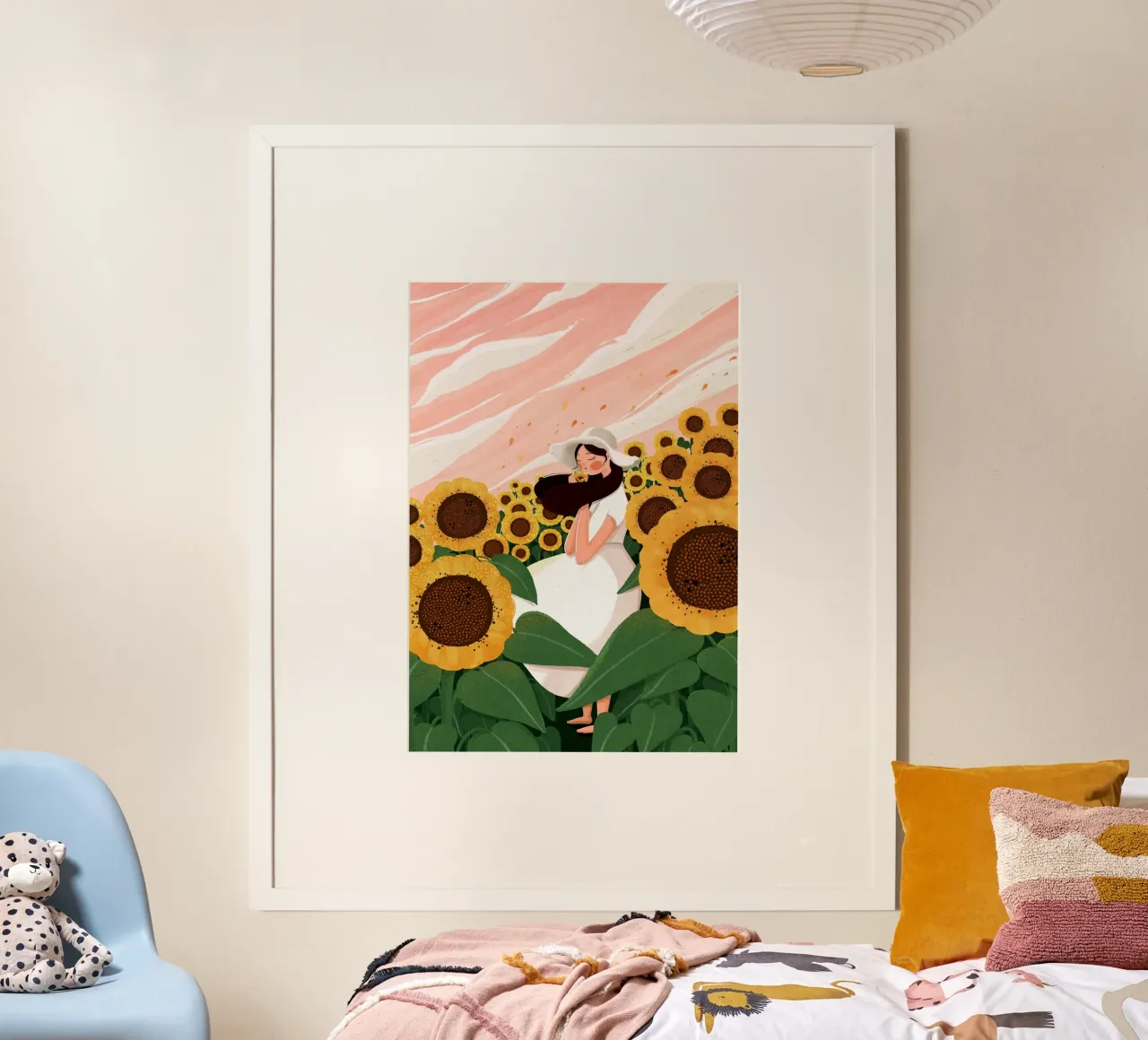 chill girl in sunflower forest poster con telaio in legno da comura