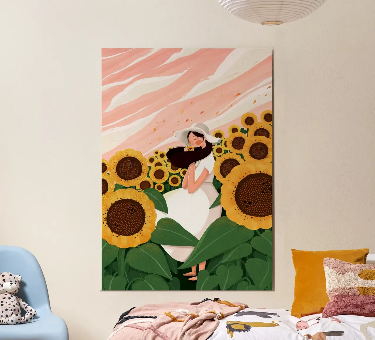 chill girl in sunflower forest poster con telaio in legno da comura
