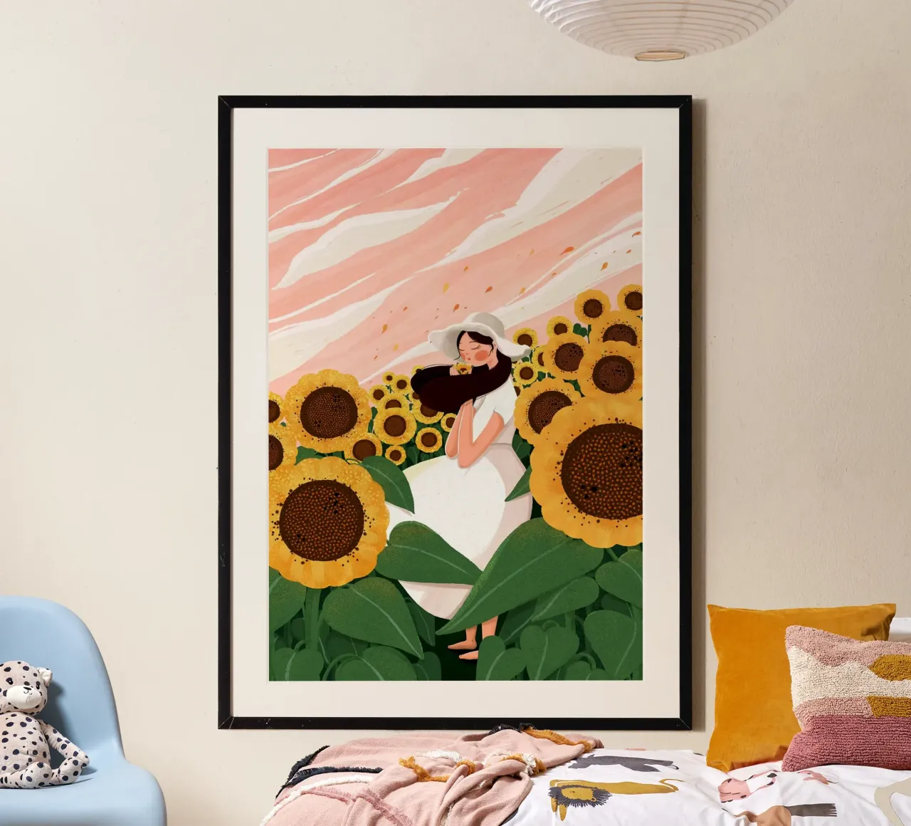 chill girl in sunflower forest poster con telaio in legno da comura