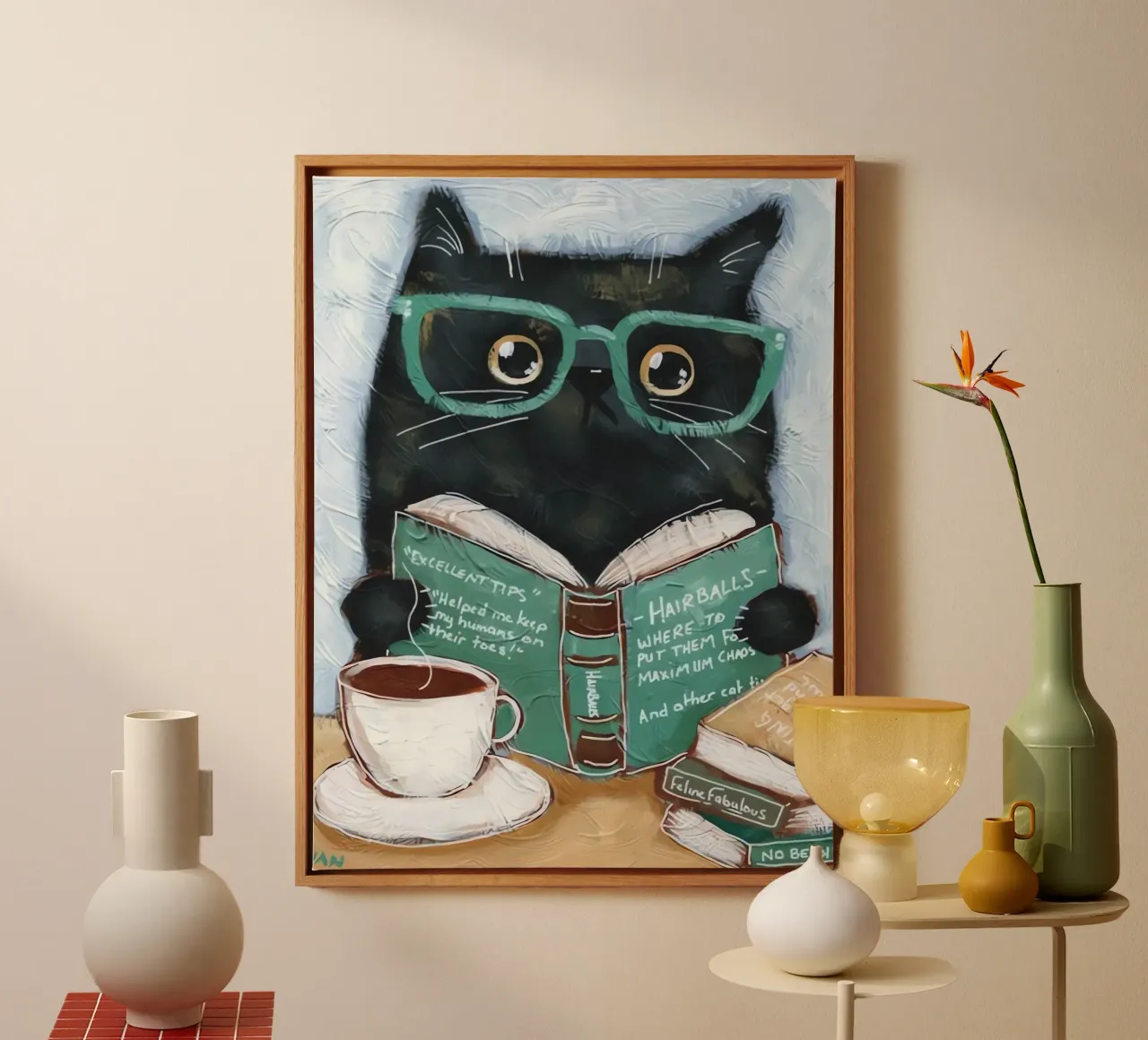 Lectura de gatos lienzo con Marco flotante de Arjun