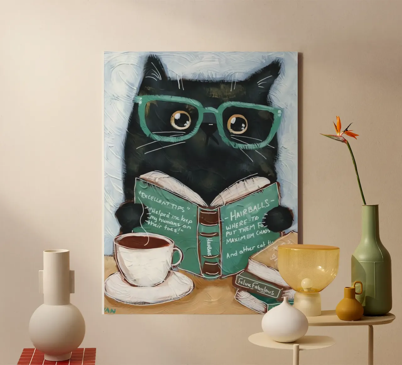 Lectura de gatos lienzo con Marco flotante de Arjun
