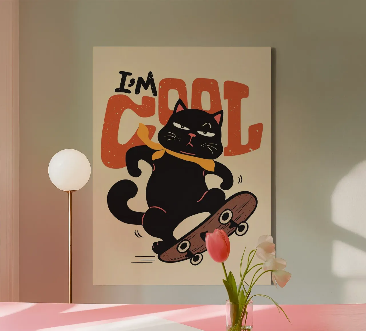 Zwarte kat op skateboard canvas met Baklijst van Arjun
