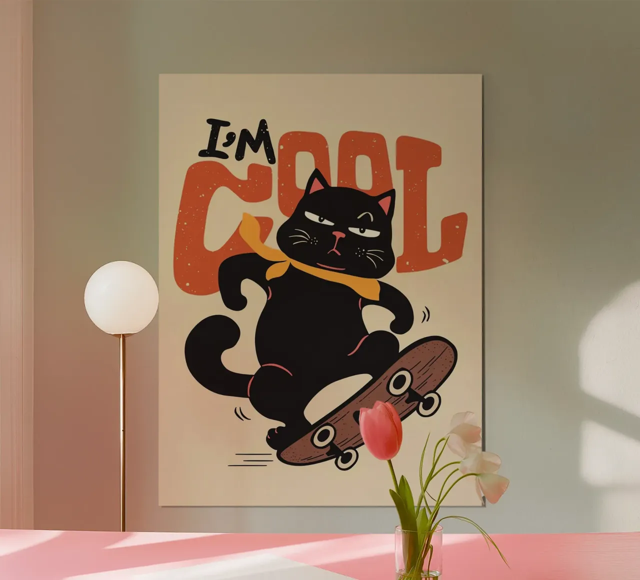 Gatto nero su skateboard poster con telaio in legno da Arjun