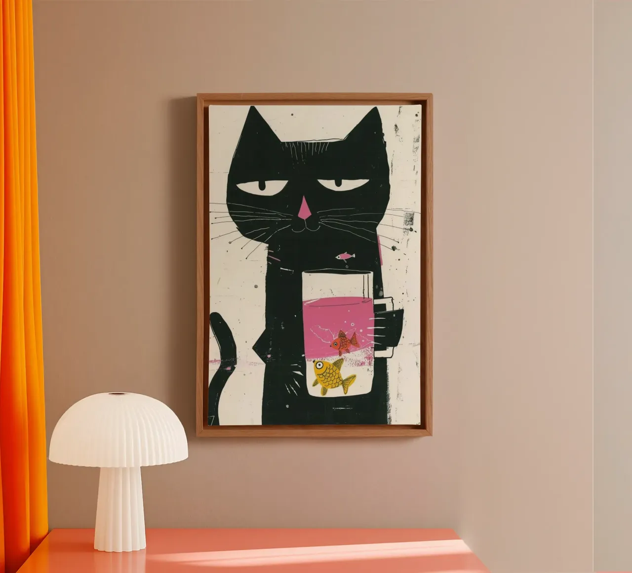 cat with fish cup Leinwand mit Schattenfugenrahmen von mardaven