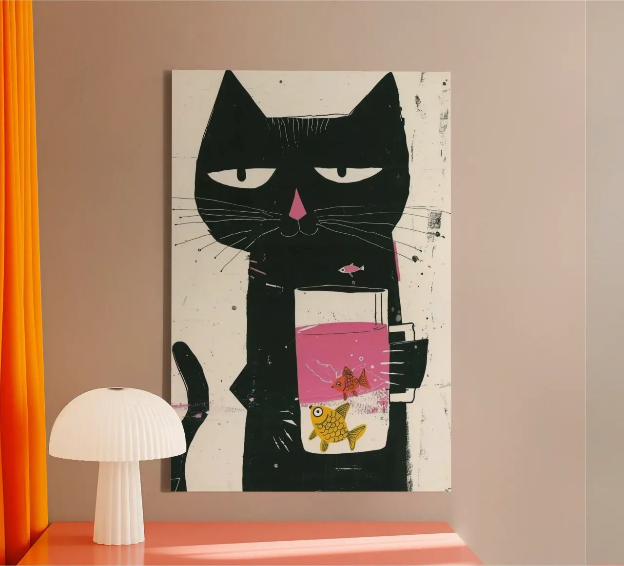 cat with fish cup Leinwand mit Schattenfugenrahmen von mardaven