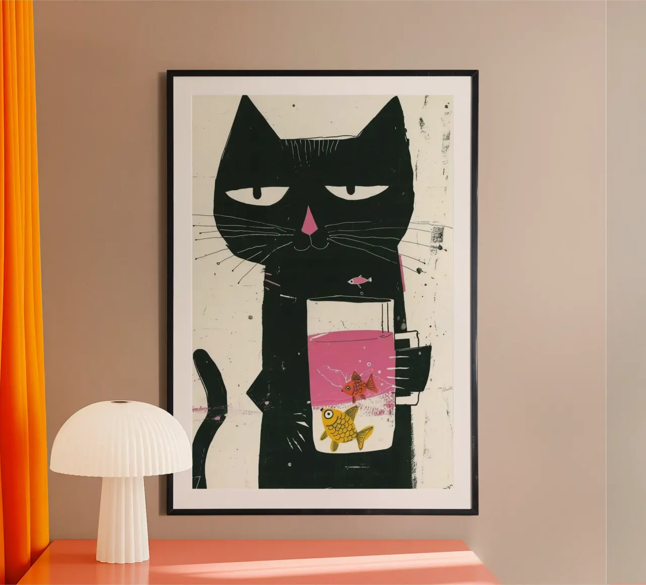cat with fish cup poster con telaio in alluminio da mardaven