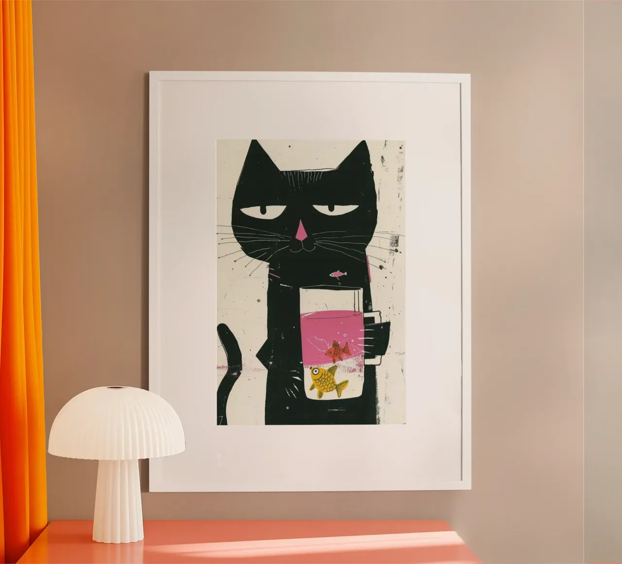 cat with fish cup poster con telaio in alluminio da mardaven
