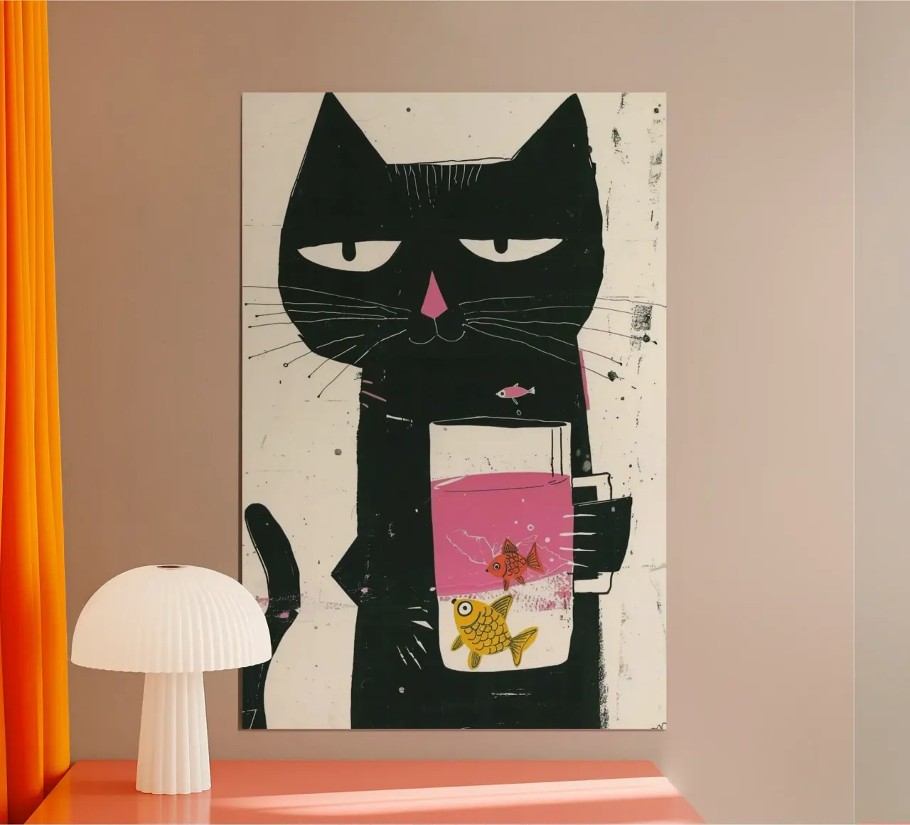 cat with fish cup poster con telaio in alluminio da mardaven