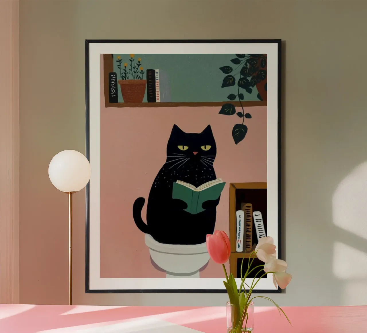 cat read book on toilet Poster mit Holzrahmen von sophiaz