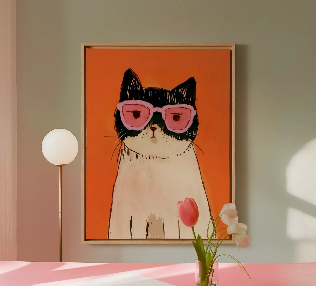 cat with pink glasses in orange shade tela con Cornice a cassetta da sophiaz