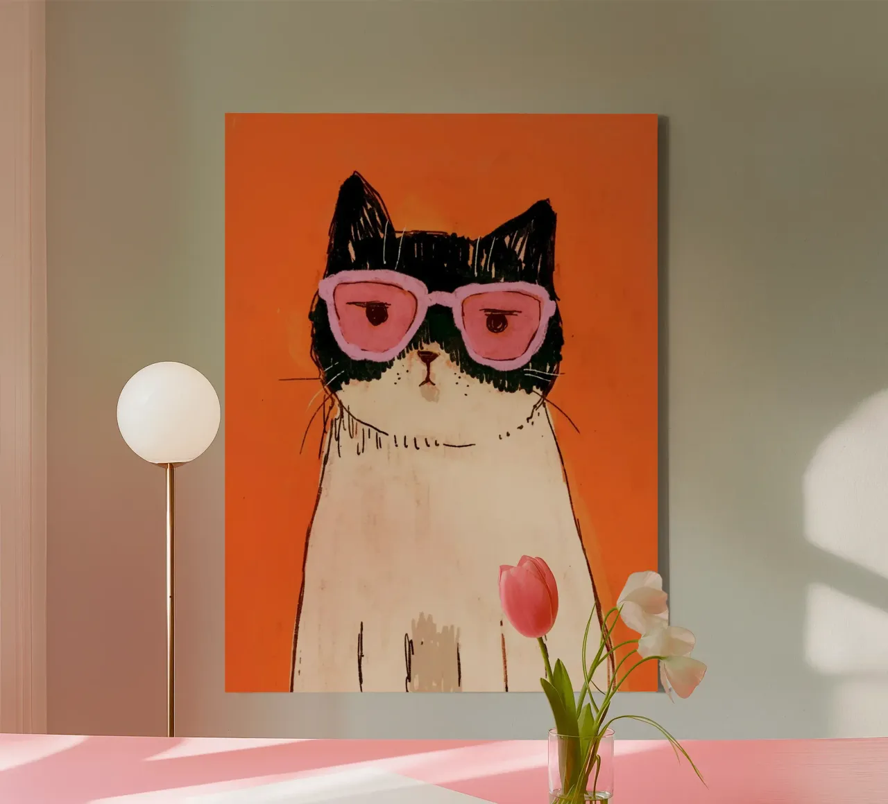 cat with pink glasses in orange shade tela con Cornice a cassetta da sophiaz