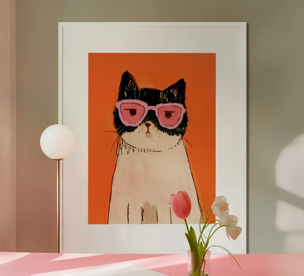 cat with pink glasses in orange shade Poster mit Holzrahmen von sophiaz