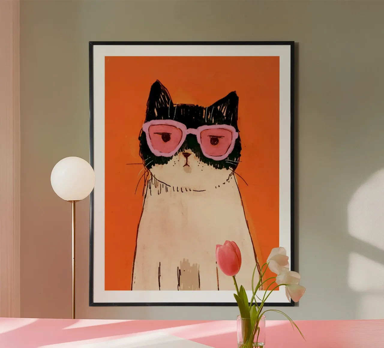 cat with pink glasses in orange shade Poster mit Holzrahmen von sophiaz