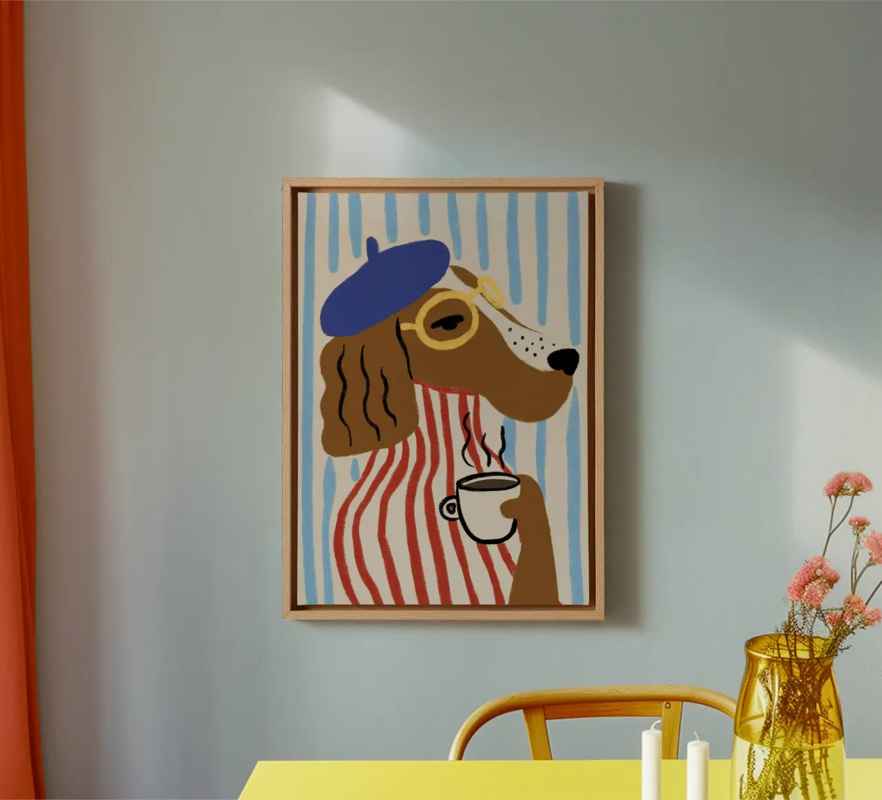 dog with striped shirt in striped background lienzo con Marco flotante de sophiaz