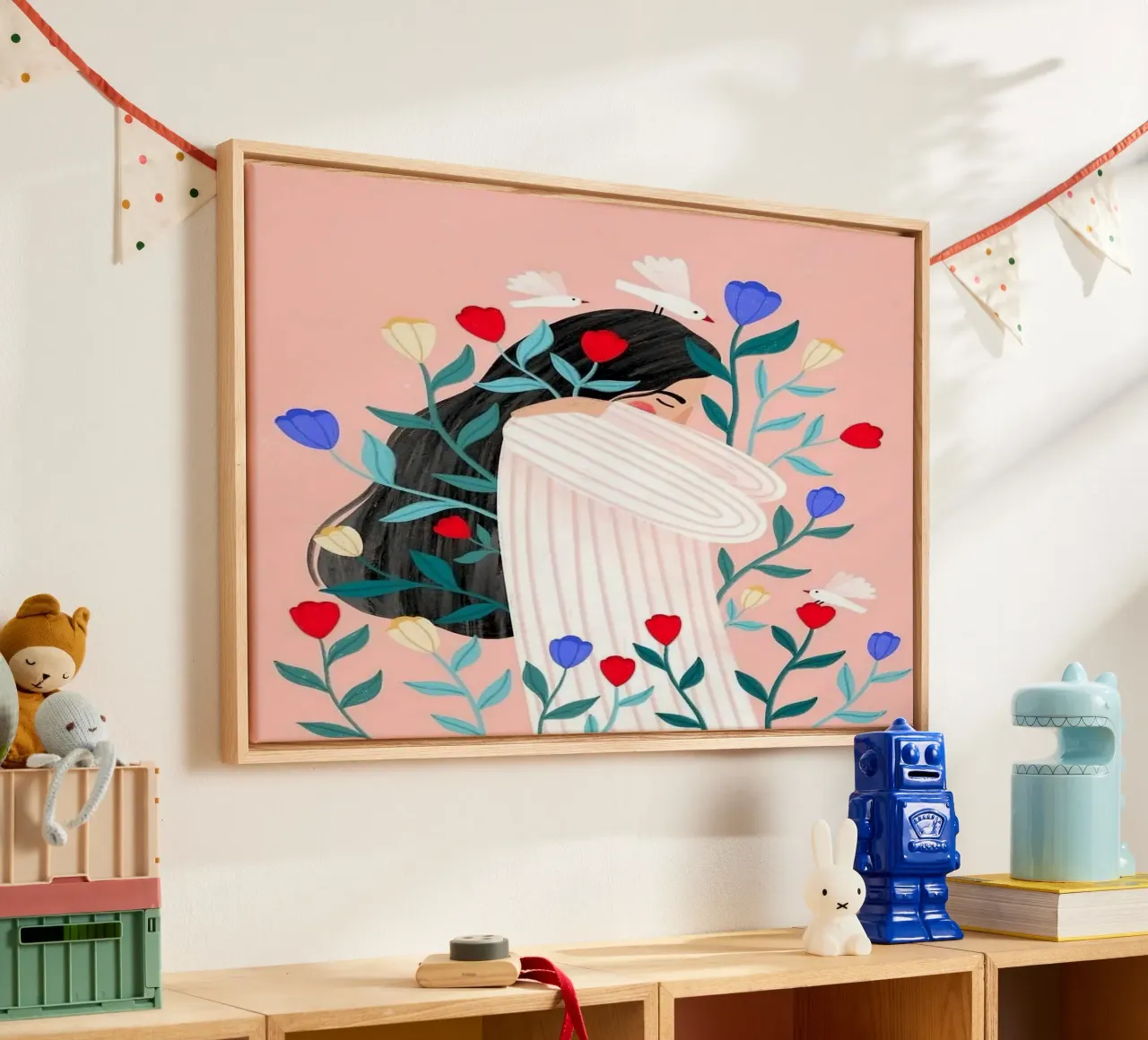 girl with bird and flower Leinwand mit Schattenfugenrahmen von mardaven