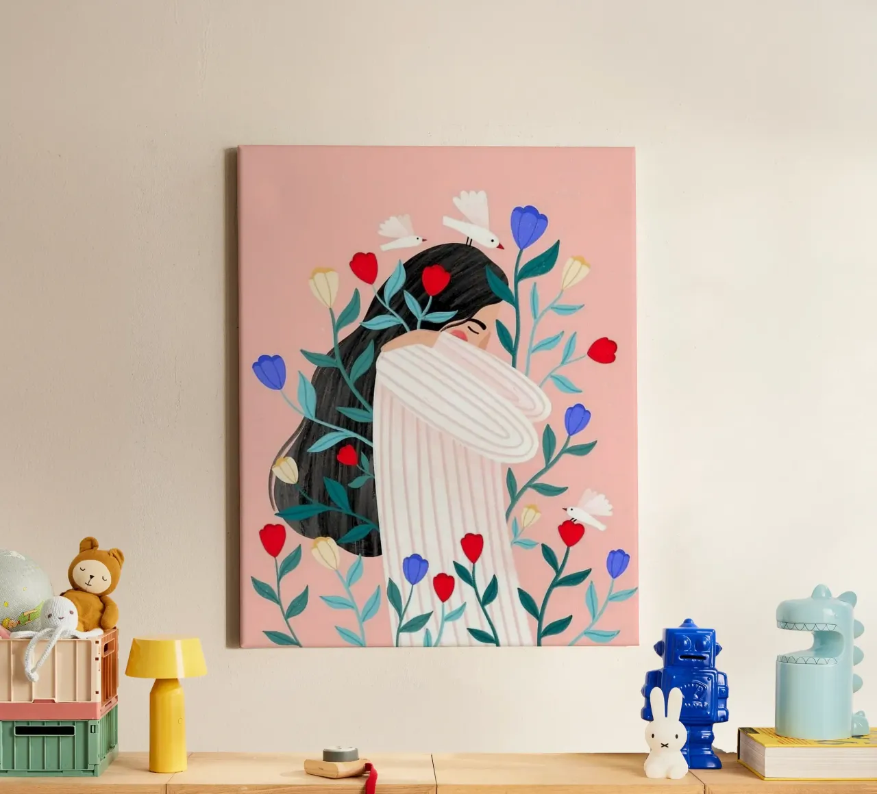 girl with bird and flower Leinwand mit Schattenfugenrahmen von mardaven