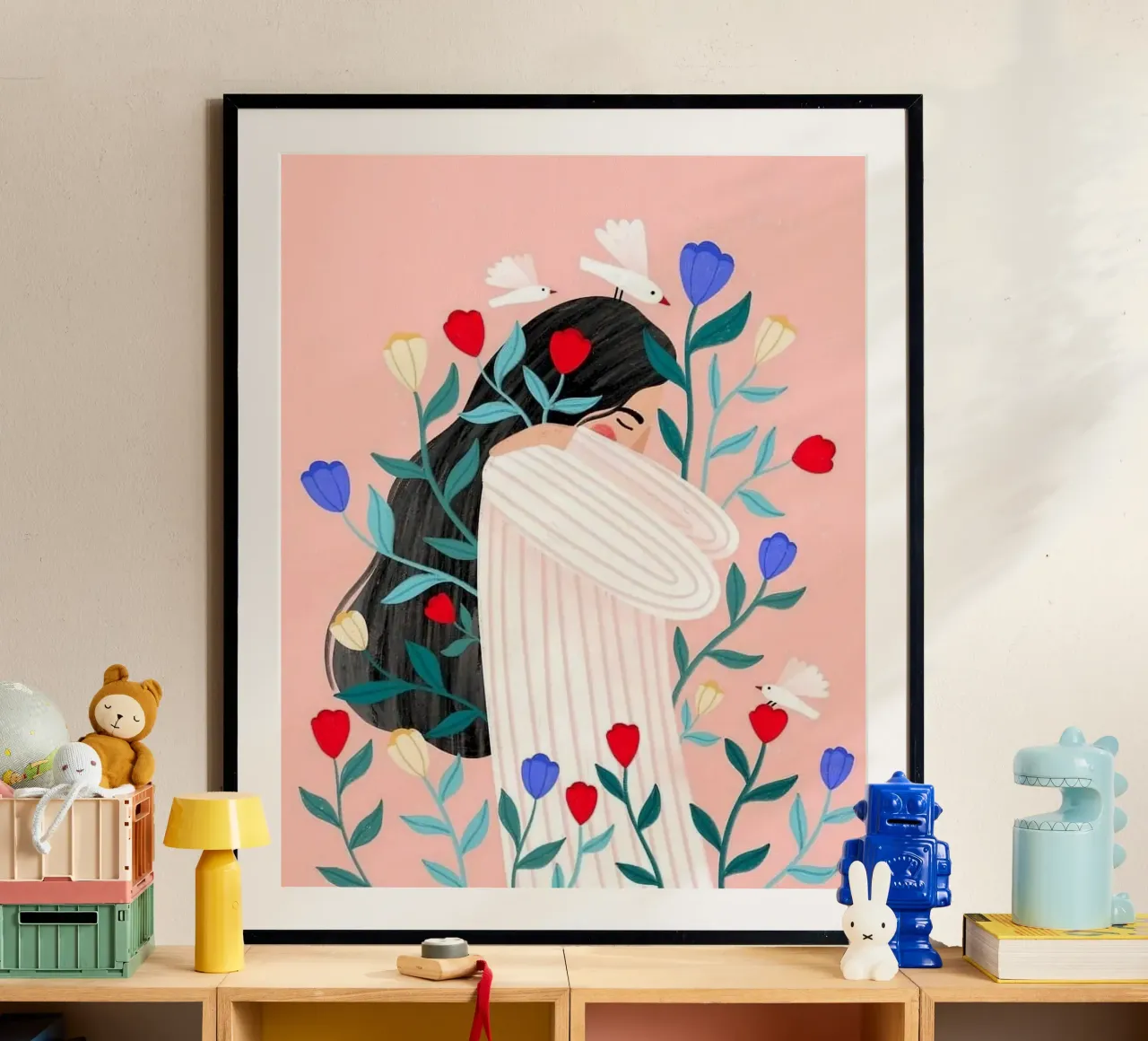 girl with bird and flower poster con telaio in legno da mardaven