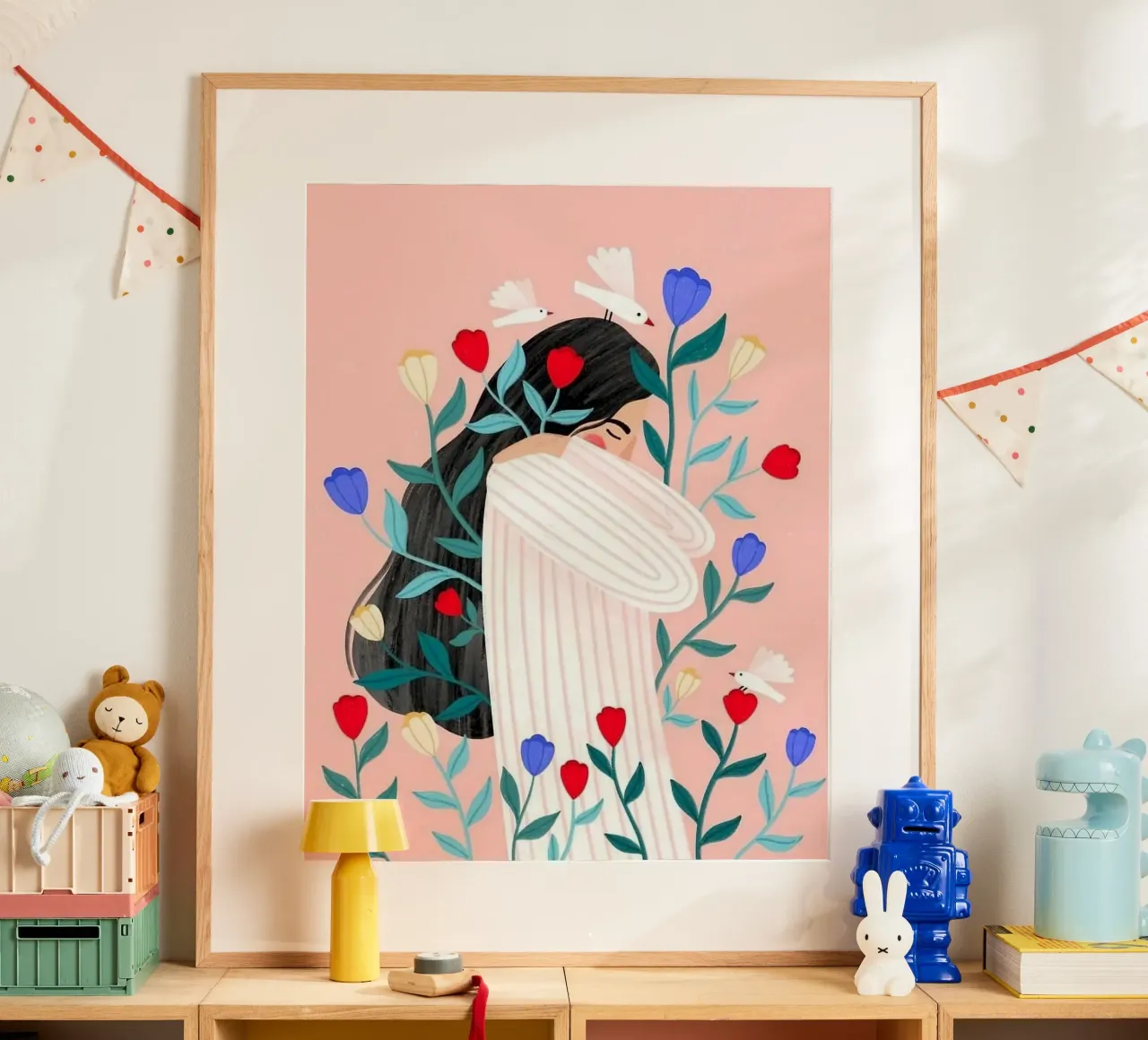 girl with bird and flower poster con telaio in legno da mardaven
