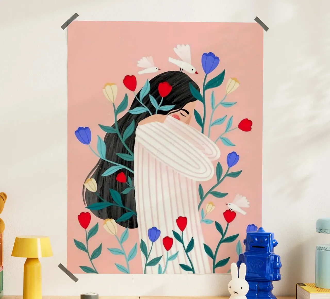 girl with bird and flower poster con telaio in legno da mardaven