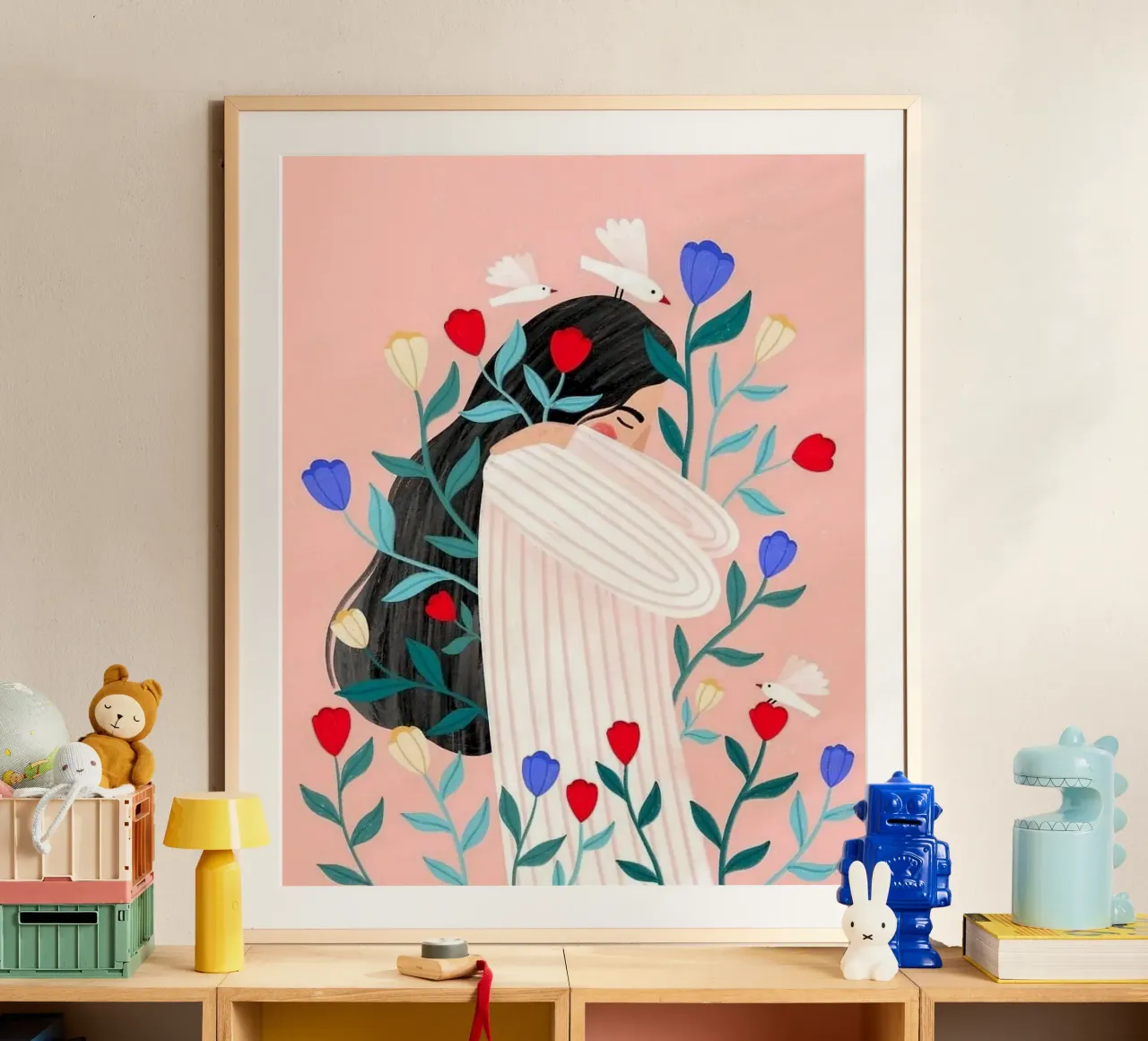 girl with bird and flower poster con telaio in legno da mardaven