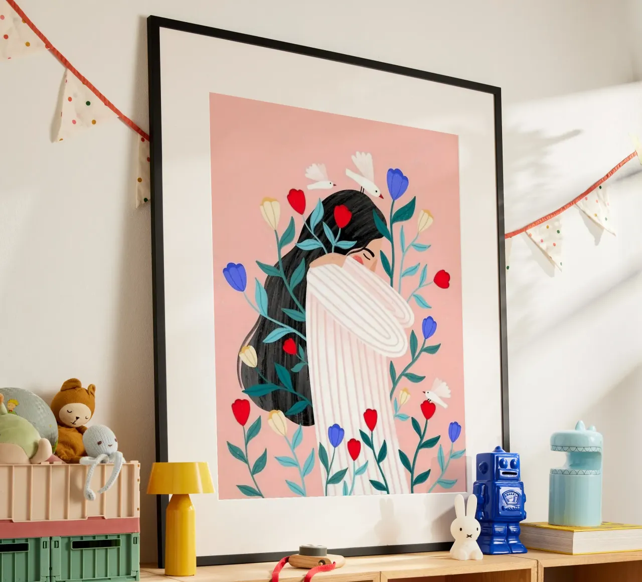 girl with bird and flower poster con telaio in legno da mardaven