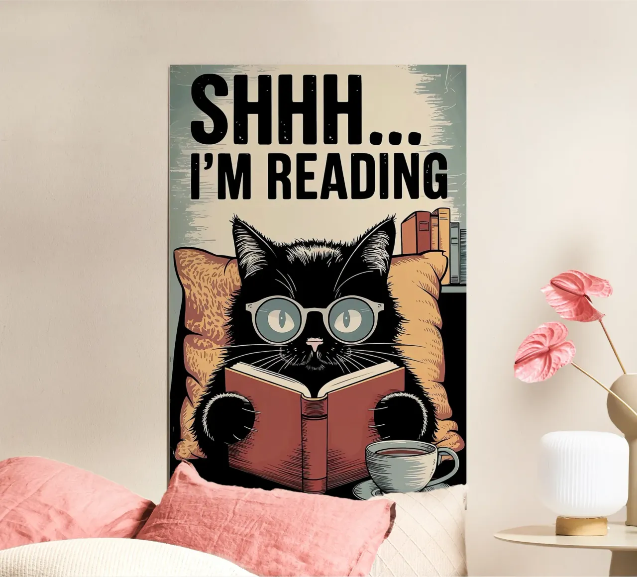 Livre de lecture du chat noir poster avec cadre en aluminium de Arjun
