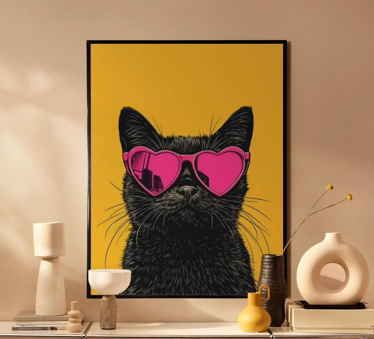 cat with pink heart glasses poster con telaio in plastica da sophiaz