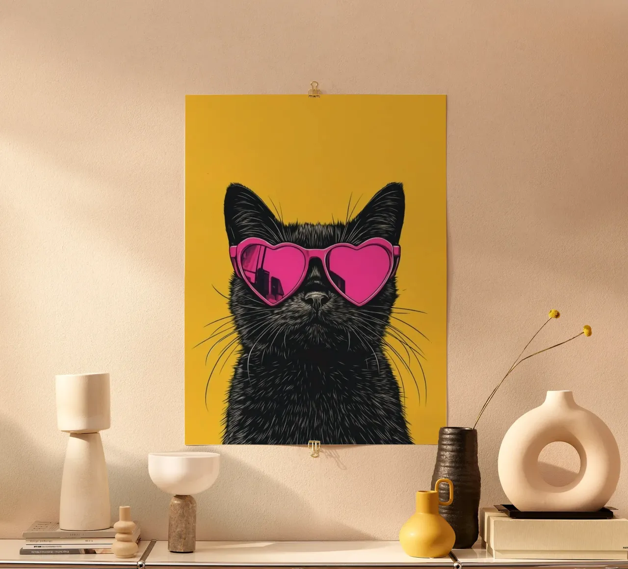 cat with pink heart glasses poster con telaio in plastica da sophiaz