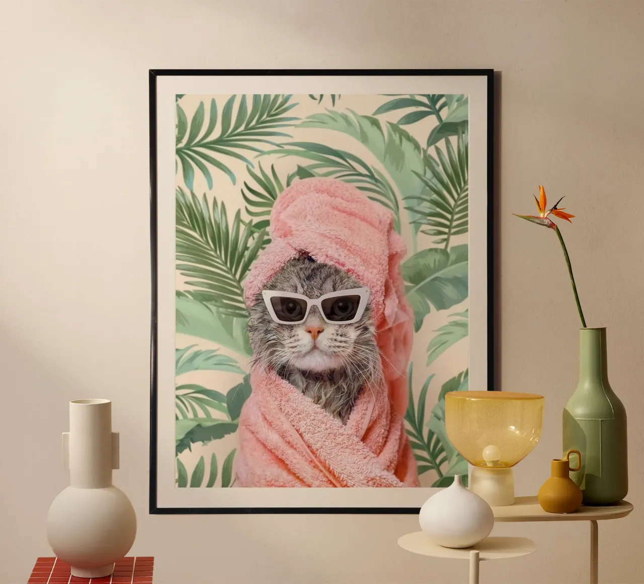 cat with bath towel poster con telaio in legno da mardaven