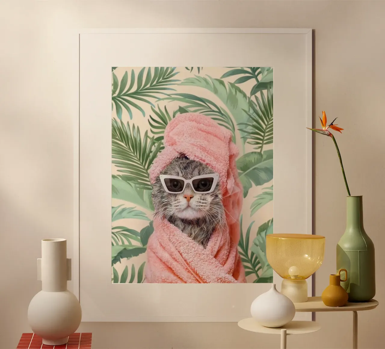 cat with bath towel poster con telaio in legno da mardaven