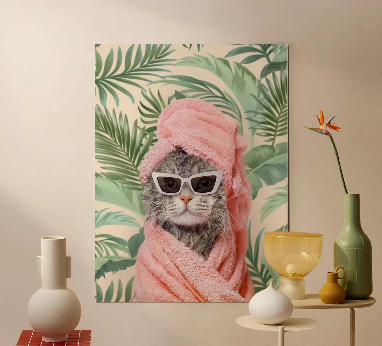 cat with bath towel poster con telaio in legno da mardaven