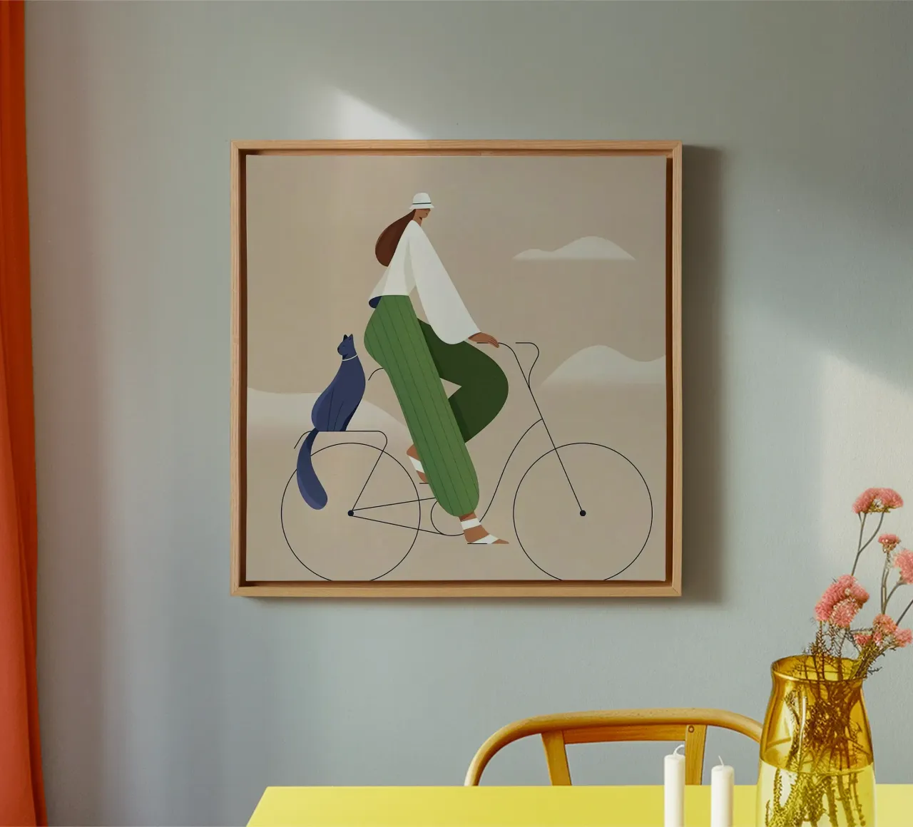 girl cycling with cat tela con Cornice a cassetta da jasnet