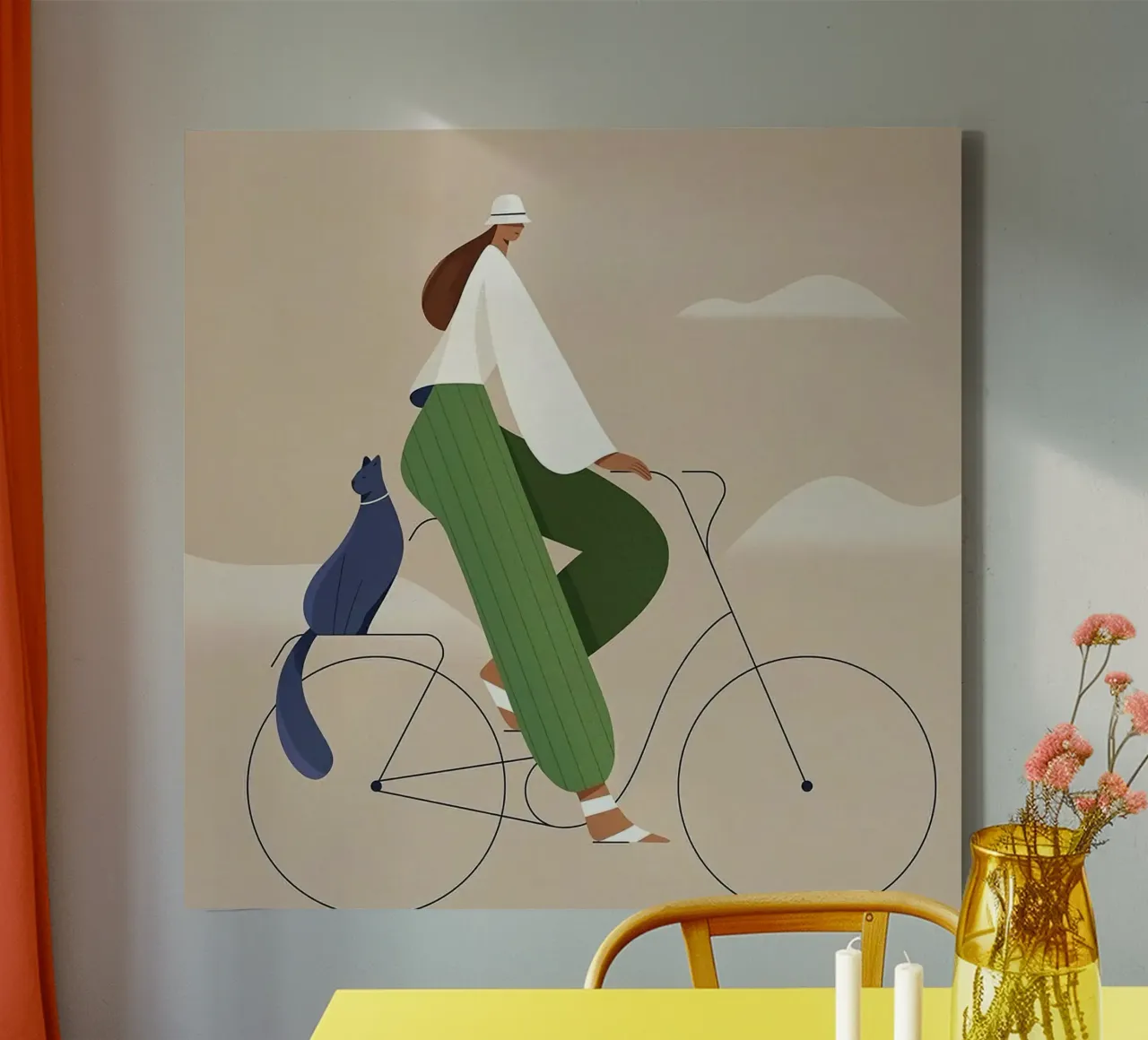 girl cycling with cat tela con Cornice a cassetta da jasnet