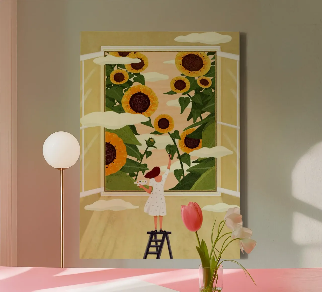 girl caring sunflower in window tela con Cornice a cassetta da vicgaler