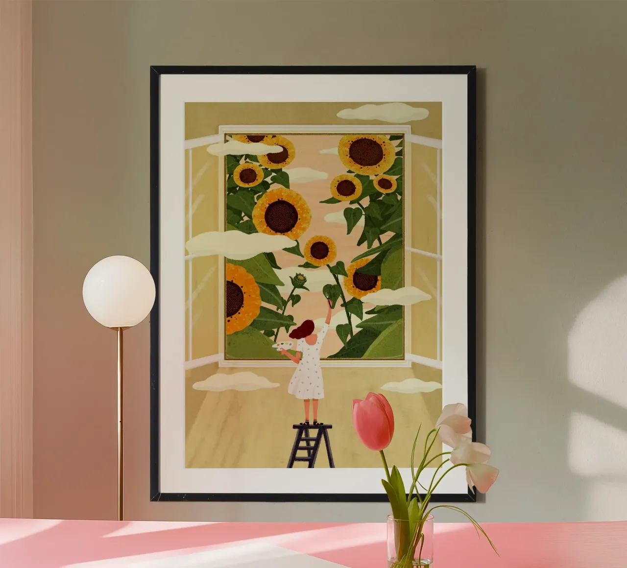 girl caring sunflower in window poster con telaio in legno da vicgaler