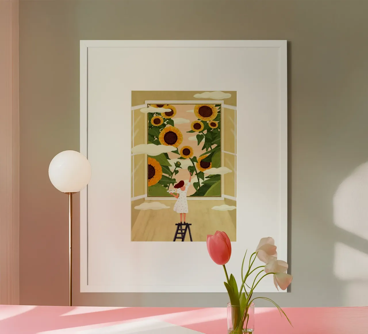 girl caring sunflower in window poster con telaio in legno da vicgaler