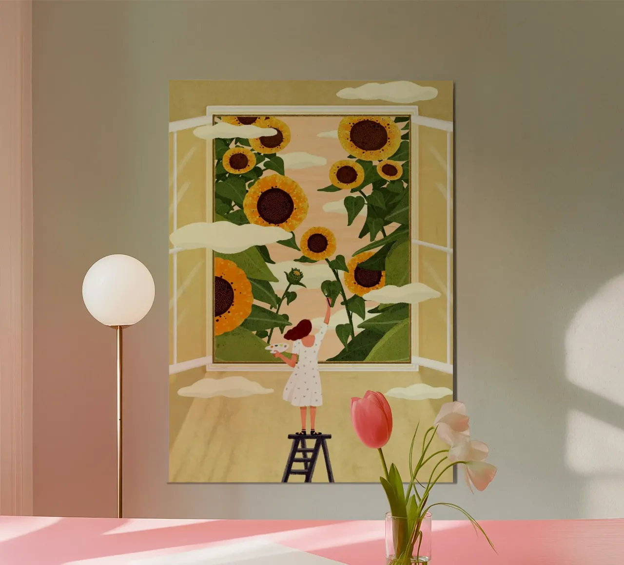 girl caring sunflower in window poster con telaio in legno da vicgaler