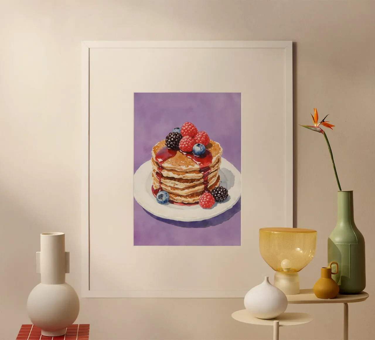 Pancakes  Berries and Syrup Watercolor poster con telaio in plastica da Attaboy Dsgn