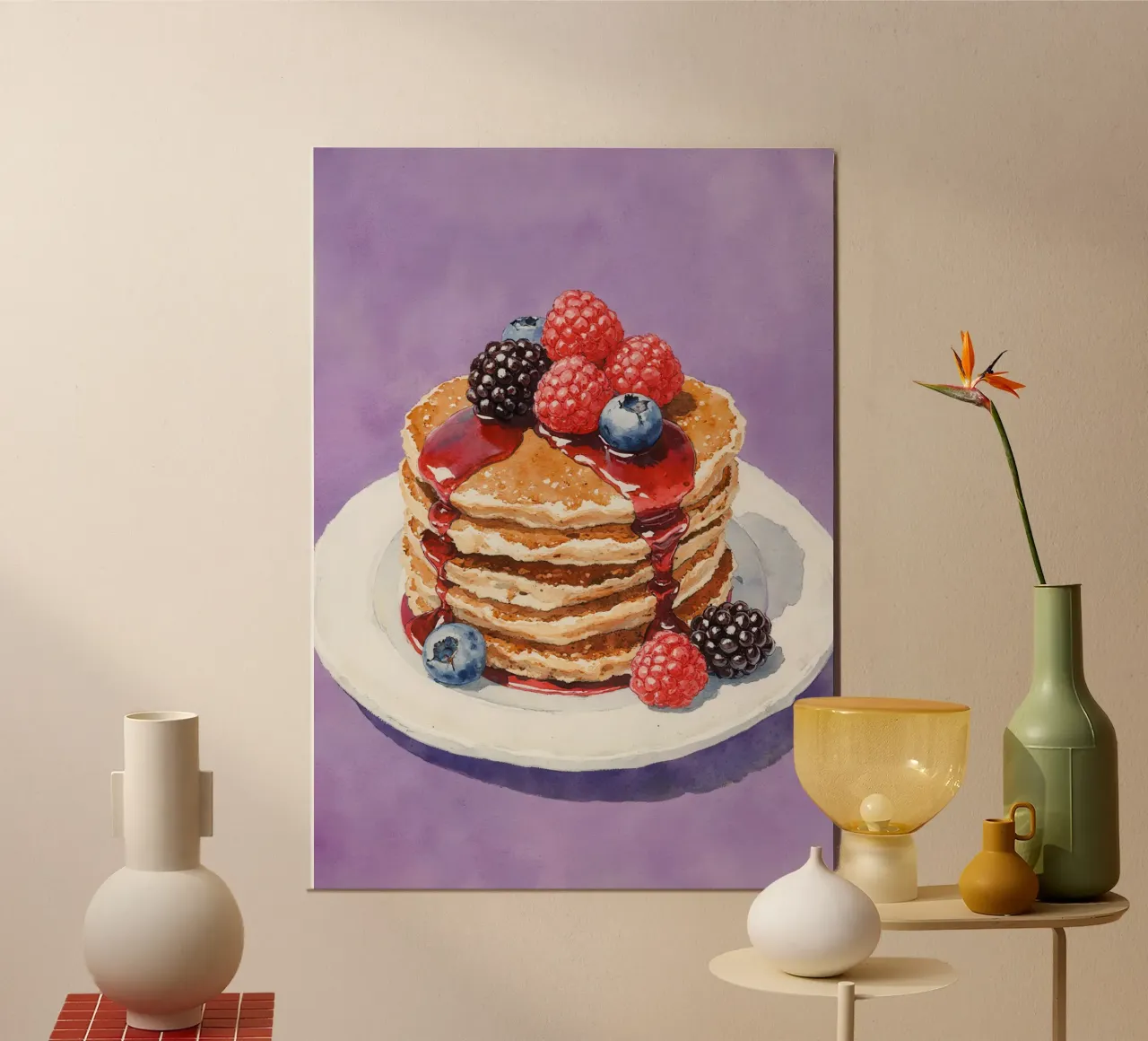 Pancakes  Berries and Syrup Watercolor poster con telaio in plastica da Attaboy Dsgn