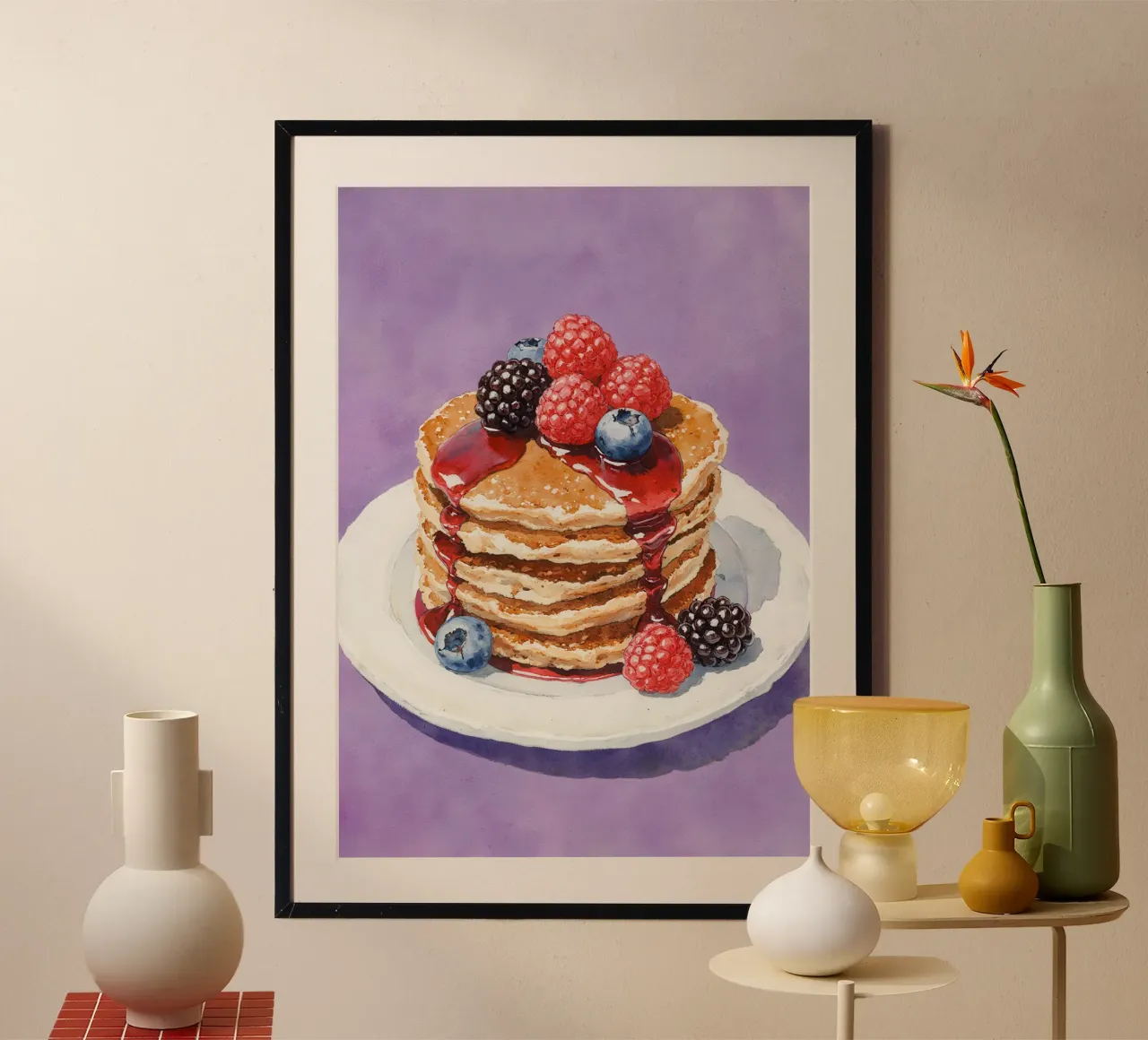 Pancakes  Berries and Syrup Watercolor poster con telaio in plastica da Attaboy Dsgn