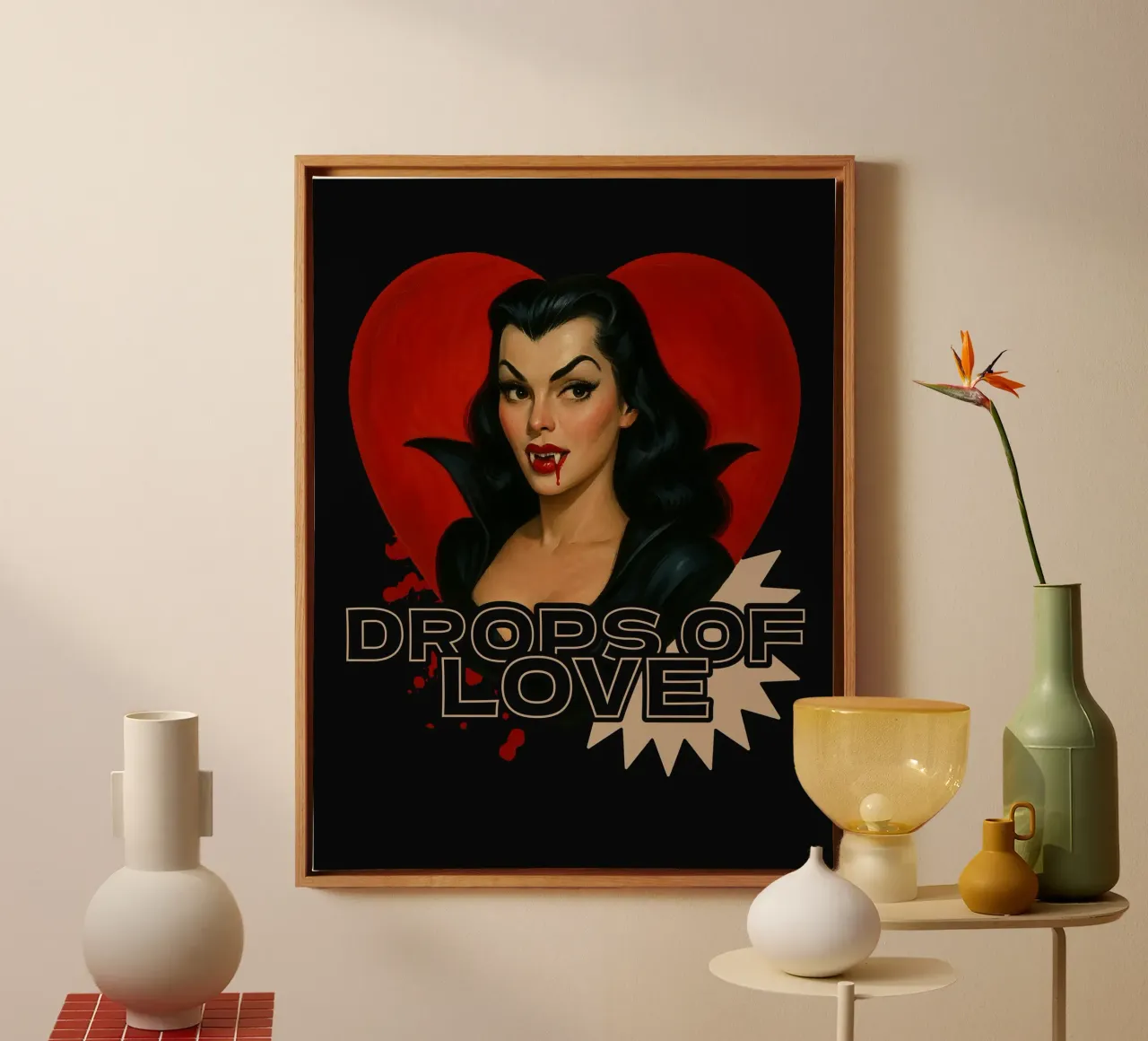 Vampire Pin-Up: Drops of Love canvas with Floater frame by 🥝 KIWI STORE